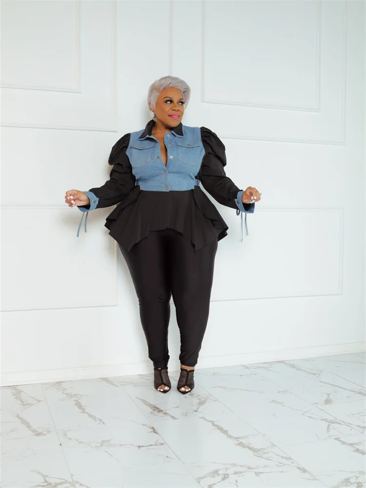 Plus Size Two Piece Outfits Women Solid Patchwork Puff Sleeve Leggings Sets Fashion Matching Suit Whol 3xl 4xl 5xl 6xl
