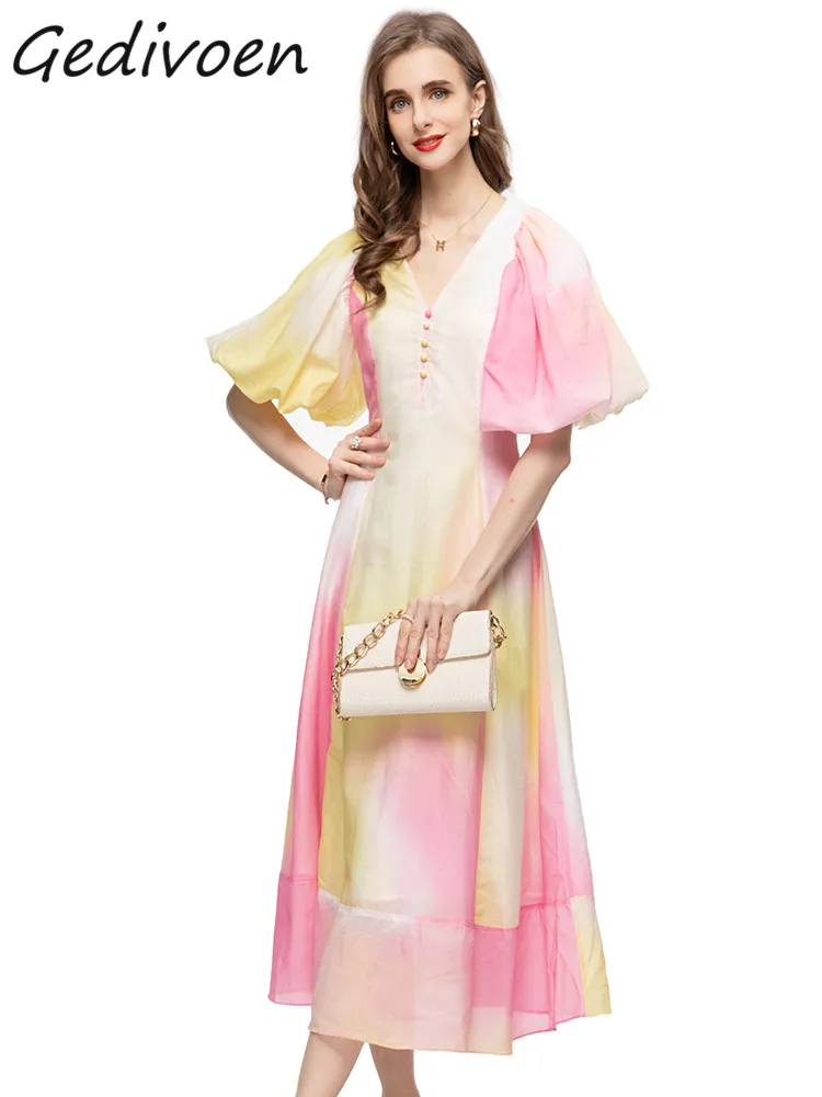 

Gedivoen Summer Fashion Runway Elegant Vacation Dress Women's Puff Sleeve Button High Waist Big Swing Gradient Color Long Dress