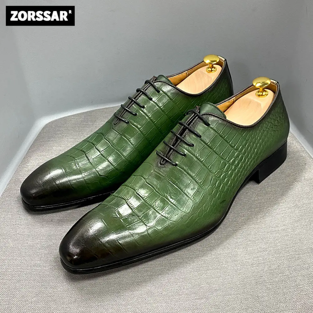 

High quality handmade men's formal Oxford shoes cowhide alligator lace-up formal wedding shoes Pointed toe shoes Eur size 38-47