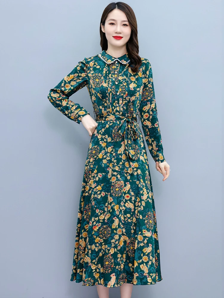 

Весна-Осень 2023, цветочное атласное повседневное зеленое миди-платье, женская шикарная одежда с длинным рукавом, женское элегантное облегающее платье в Корейском стиле