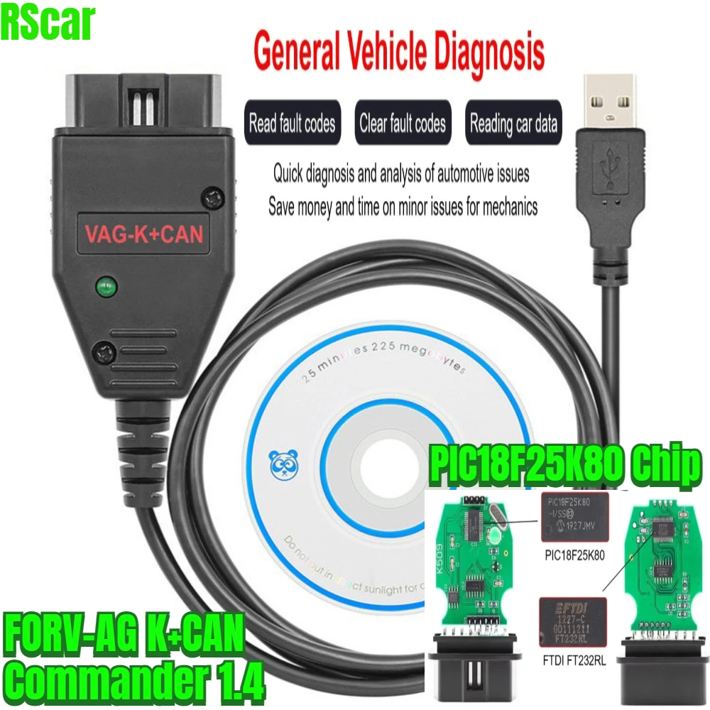 Фото НОВЫЙ автомобильный сканер для VAG K + CAN Commander 1.4 OBD2, автомобильные аксессуары с кабелем FT232RL PIC18F25K80 для диагностических инструментов V-W Audi №1