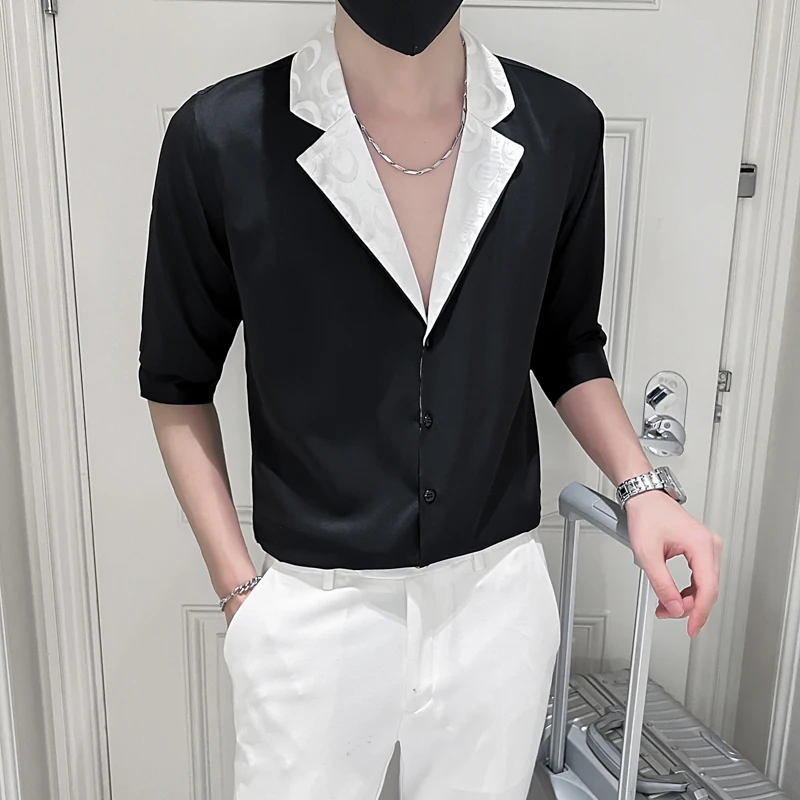 Корейская модная мужская рубашка с большим отворотом приталенная деловая
