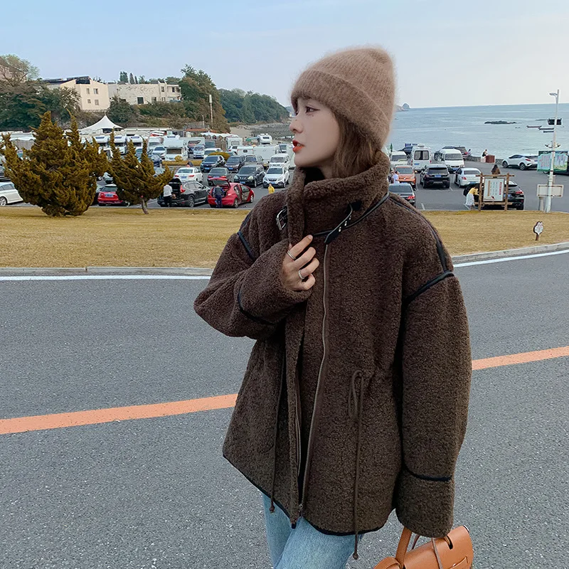 Autumn and winter versatile cardigan cropped imitation lambswool coat