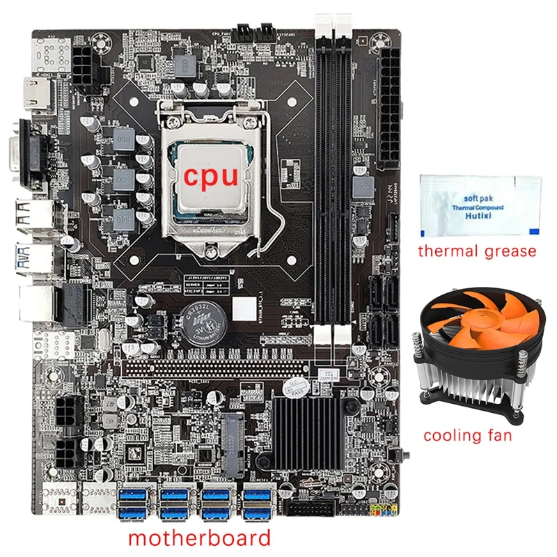 B75 8 GPU Mining Motherboard+CPU+Cooling Fan+Thermal Grease 8 USB3.0 To PCIE1X Slot LGA1155 DDR3 RAM SATA3.0 For BTC/ETH