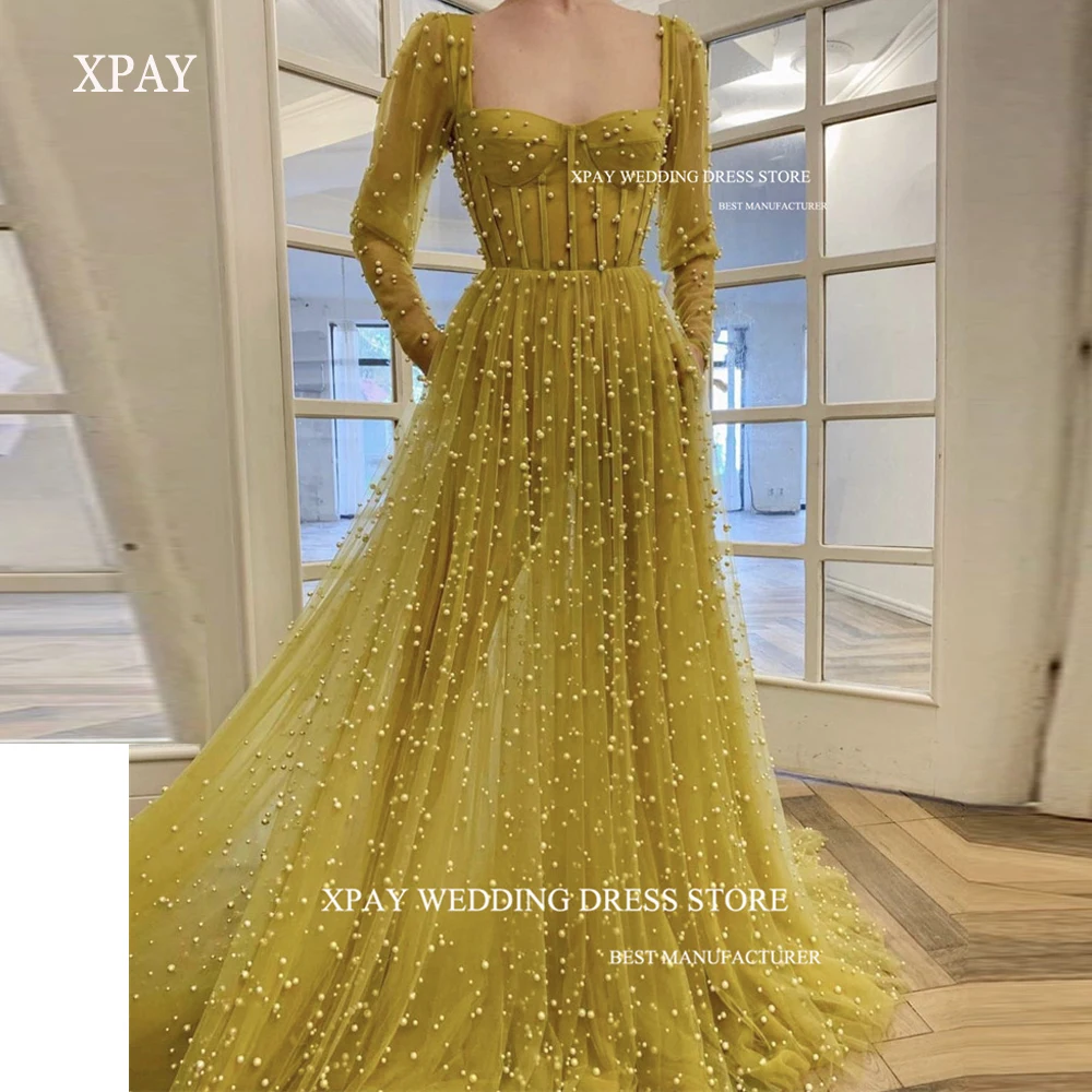 

XPAY Full Pearls Tulle Long Sleeves Evening Dresses Sweetheart Boning Illusion Luxury Elegant Bridal Gowns Vestido defiesta