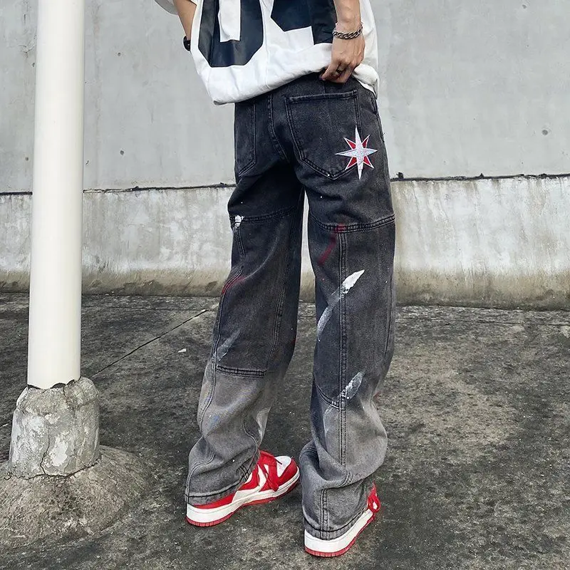 

American high street casual straight pants vibe hip-hop wide leg pants dark black department ink splash jeans jeans