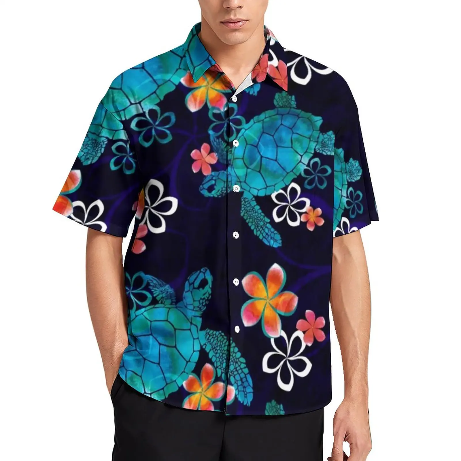

Beach Pirnt Casual Shirt Man Sea Turtle with Flowers Beach Shirt Hawaiian Y2K Blouses Short Sleeve Custom Oversize Tops