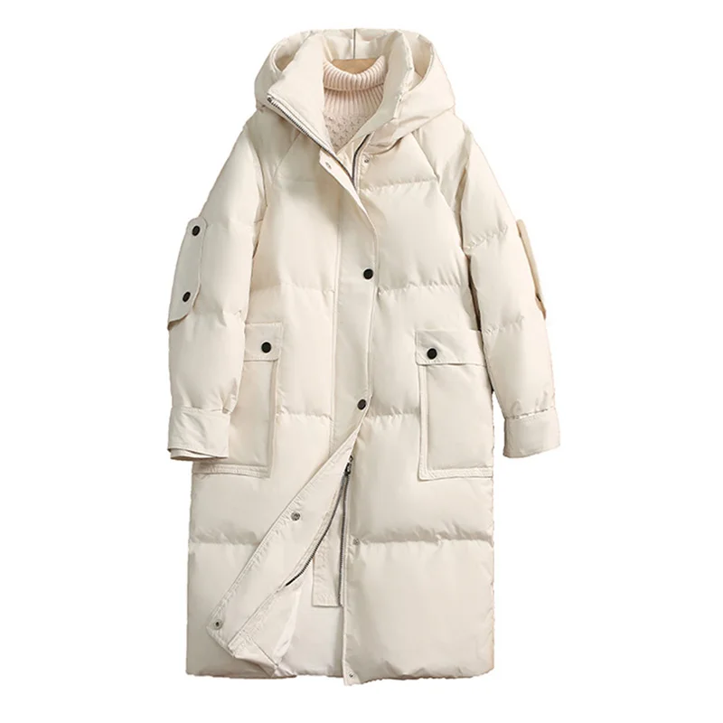 2022 Winter New Quality White Duck Down Jacket Women's Mid-Length Hooded Coat Thickened Loose Warm Temperament Parkas Female