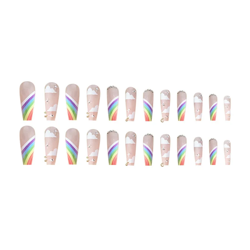 Накладные ногти с длинным прессом радужное облако Золотое кольцо французские
