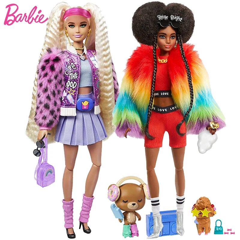 

Original Barbie Extra Doll In Furry Rainbow Coat Pet Poodle Brunette Afro-Puffs with Braids Dolls Toys for Girls Joints Moveable