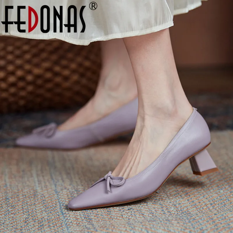 

FEDONAS Spring Elegant Concise Women Pumps Butterfly-Knot Basic Shallow High Heels Genuine Leather Casual Working Shoes Woman