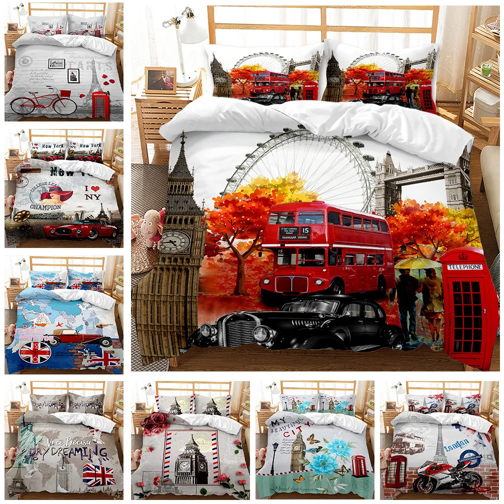 

British Style Printing Duvet Cover Romantic Landmark Quilt Cover City Bedding Set King Size Fashion London Comforter Cover Set