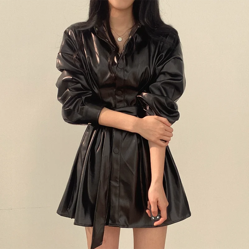 Korean Chic Retro Personality V-neck Single Breasted Lace Up Mid Length Motorcycle Jacket Leather Coat Women Korean Girl