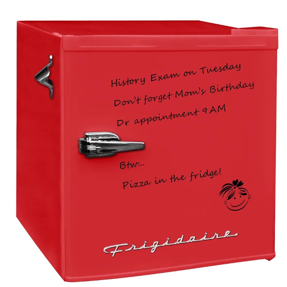 Frigidaire, 1.6 Cu ft Retro Dry Erase Compact Refrigerator With Side Bottle Opener, (EFR177), Red