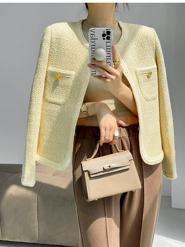 

Женская твидовая куртка, маленькая Очаровательная шерстяная куртка в винтажном французском стиле, верхняя одежда для офиса, Осень-зима 2023