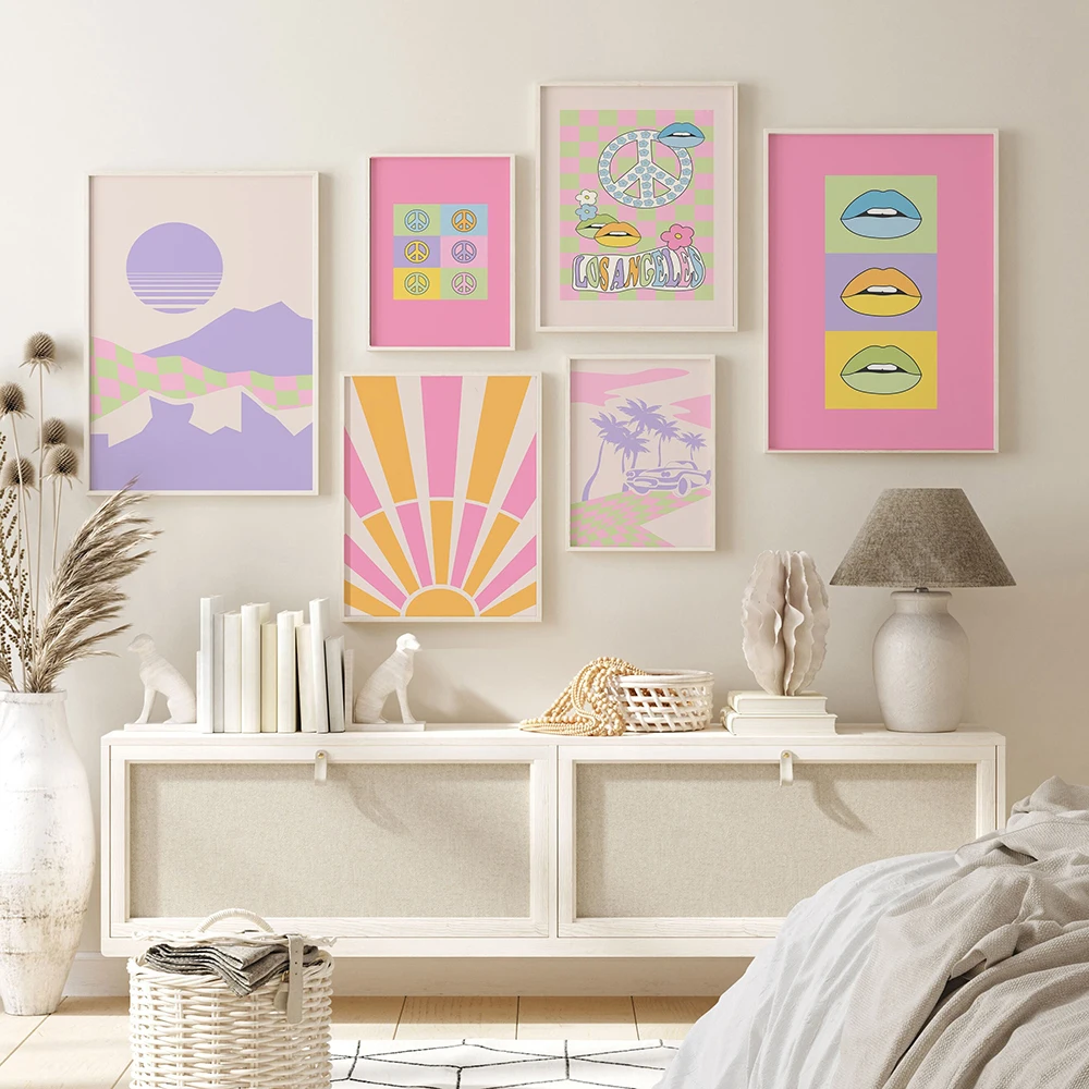 

Trendy Lips Gallery Wall Prints Retro Sun Colorful Posters Boho Pink Aesthetic Edgy Canvas Painting Dorm Teen Room Decor Picture