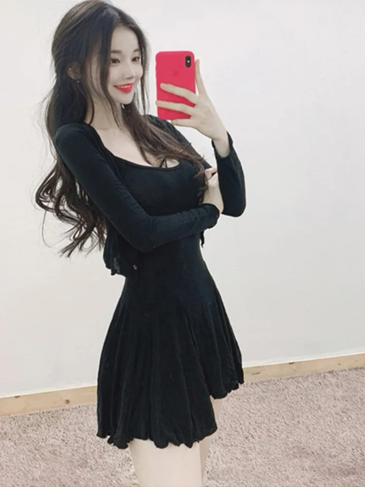 

TVVOVVIN Korea Slim Long Sleeve T Shirt + Tank Mini Dress Two-piece Sexy Short Dresses OL Elegant Tops Sweet 2022 Robe WHC0