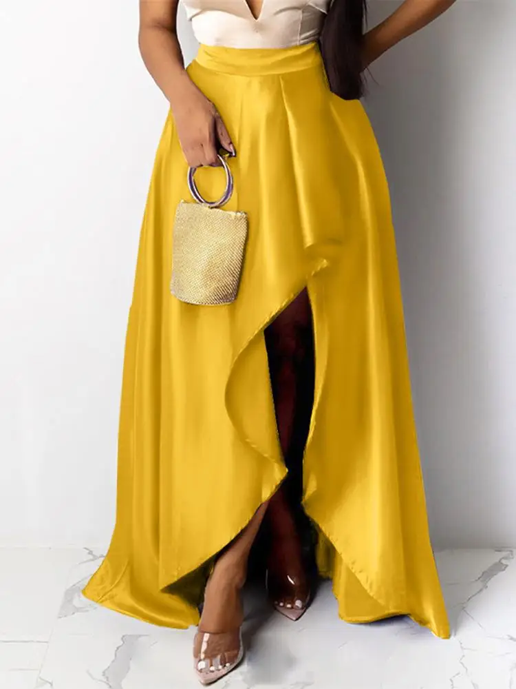 

Юбка VONDA Женская ассиметричная, модная атласная шелковая длинная Плиссированная Повседневная Свободная юбка с завышенной талией для вечер...