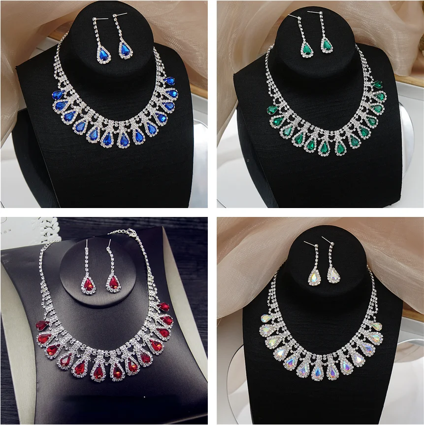 

New Color Crystal Full Diamond Necklace Earrings Two-piece Suit Exquisite Wedding Dress Necklace Collarbone Chain Women