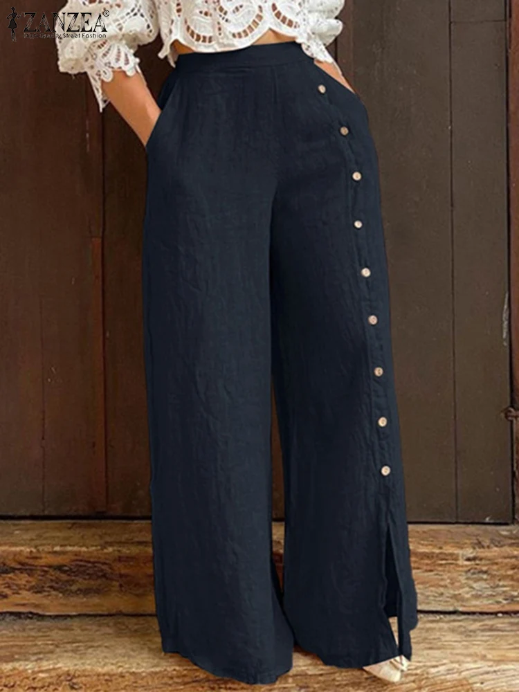 

ZANZEA Spring Casual Overall Oversize Elastic Waist Solid Long Trouser Women Cotton Pant Elegant Work OL Button Pantalon Palazzo