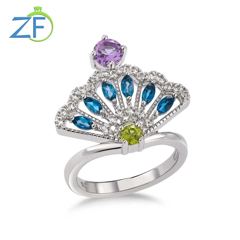 

GZ ZONGFA Original 925 Sterling Silve Fan Rings for Women Luxury Natural Amethyst Peridot Topaz 1.2ct Mixed Gems Fine Jewelry