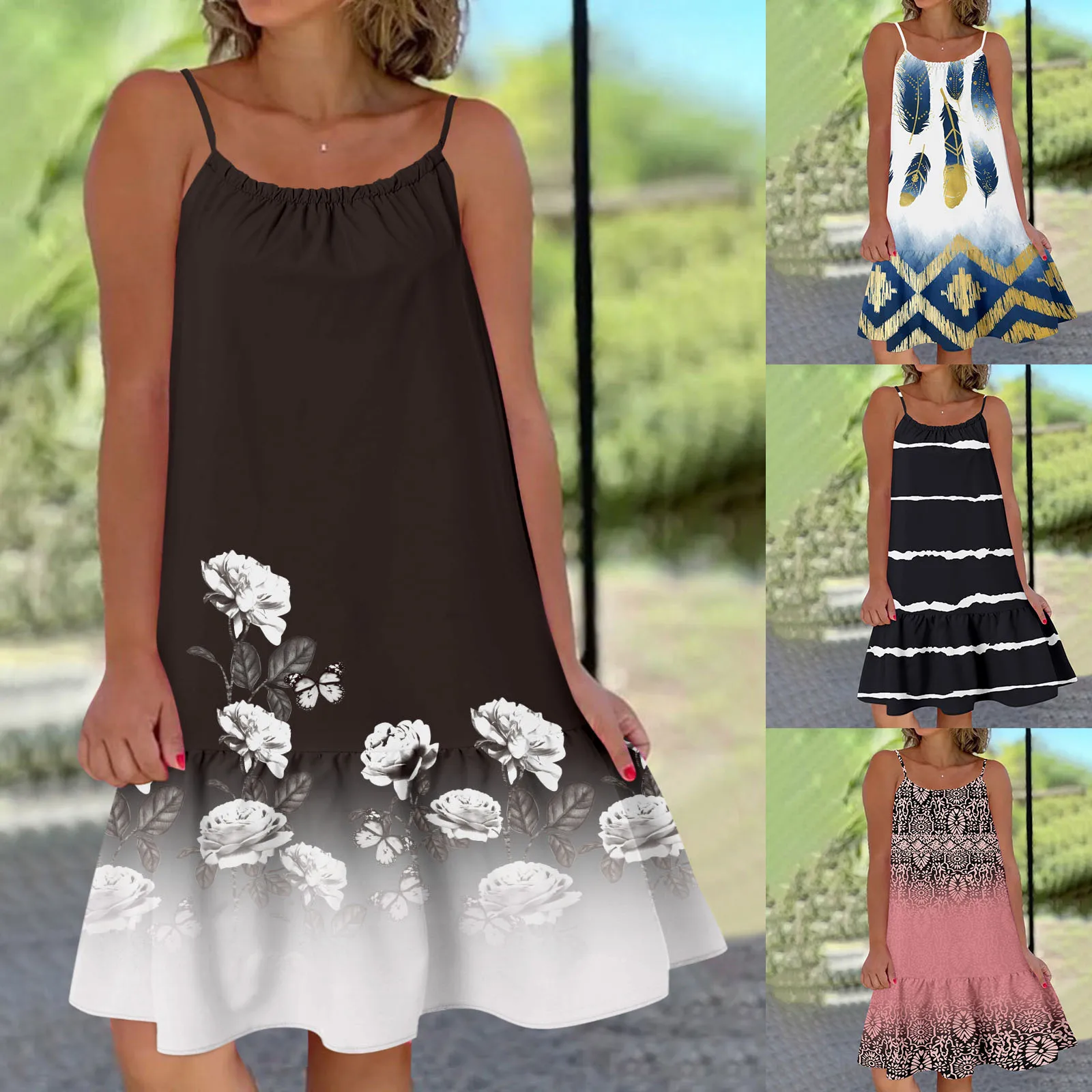 Женское короткое платье с цветочным принтом круглым вырезом и оборками на подоле