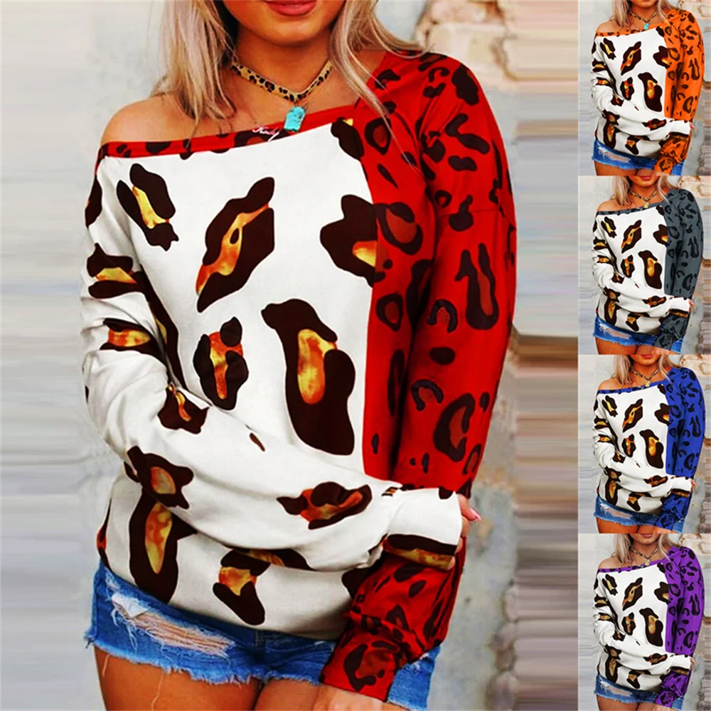 

Leopard Print Fashion Long Sleeve Skew Collar Streetwear Tee Patchwork Tie-Dye Loose Tops 2022 Autumn Off Shoulder T-Shirt