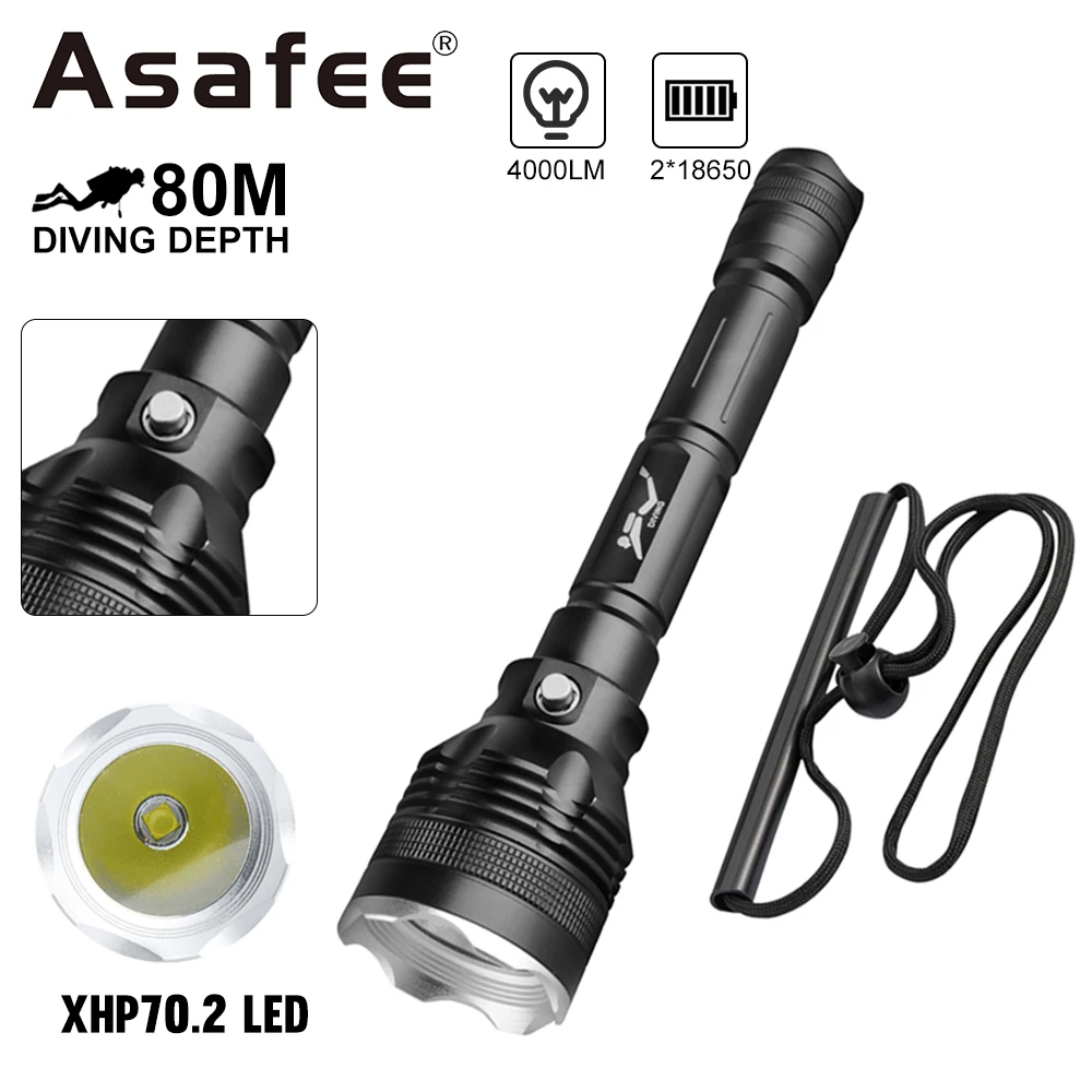 

Asafee FL027D P70 LED 4000LM Diving Flashlight 80M Underwater Scuba Torch Magnetic Switch IPX8 Waterproof Lamp Amphibious Light