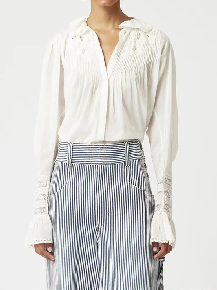 

Women's Silk Cotton Blouse Top Lace Stitching Ruffles Long Flared Sleeve Chemise Elegant Shirt
