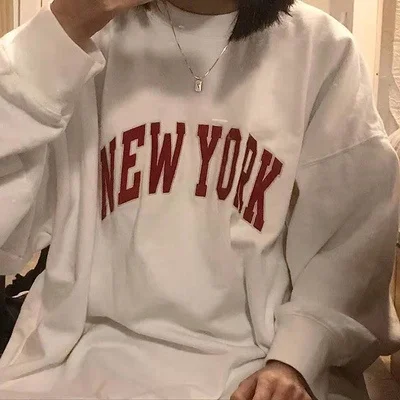 

Ihkke Letter Print Korean Round Neck Sweater Women Loose Long Sleeves