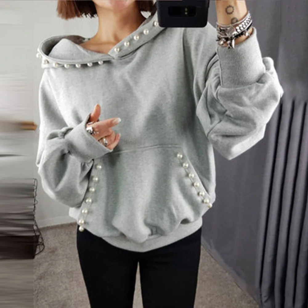 

2021 Fashion Harajuku Causal Gray Black Hoodies Tops Women Hoodie Korean Oversize Beading Spring Autumn Gothic Hooded Sweatshirt
