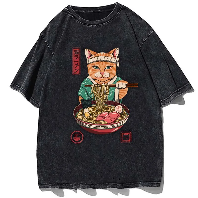 

Japan Samurai Cat Printed T Shirt Harajuku Men's Summer Street Trend Black Leisure O-neck Short Sleeve Vintage Top Oversized