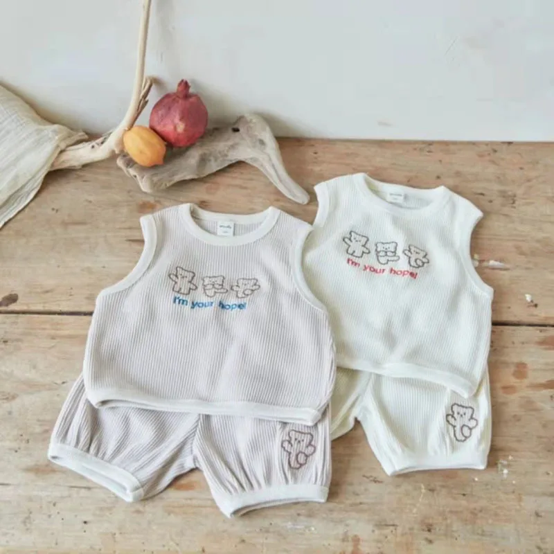 

Soft Breathable Korean Baby Summer Clothes Suit Bear Embroidery Infant Boy Girl Cotton Vest Shirt+Shorts 2Pcs Toddler Casual Set