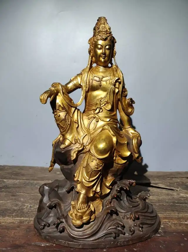 

18"Tibet Temple Collection Old Bronze Cinnabar Gilding Avalokitesvara Guanyin Bodhisattva Buddha Worship Hall Town house