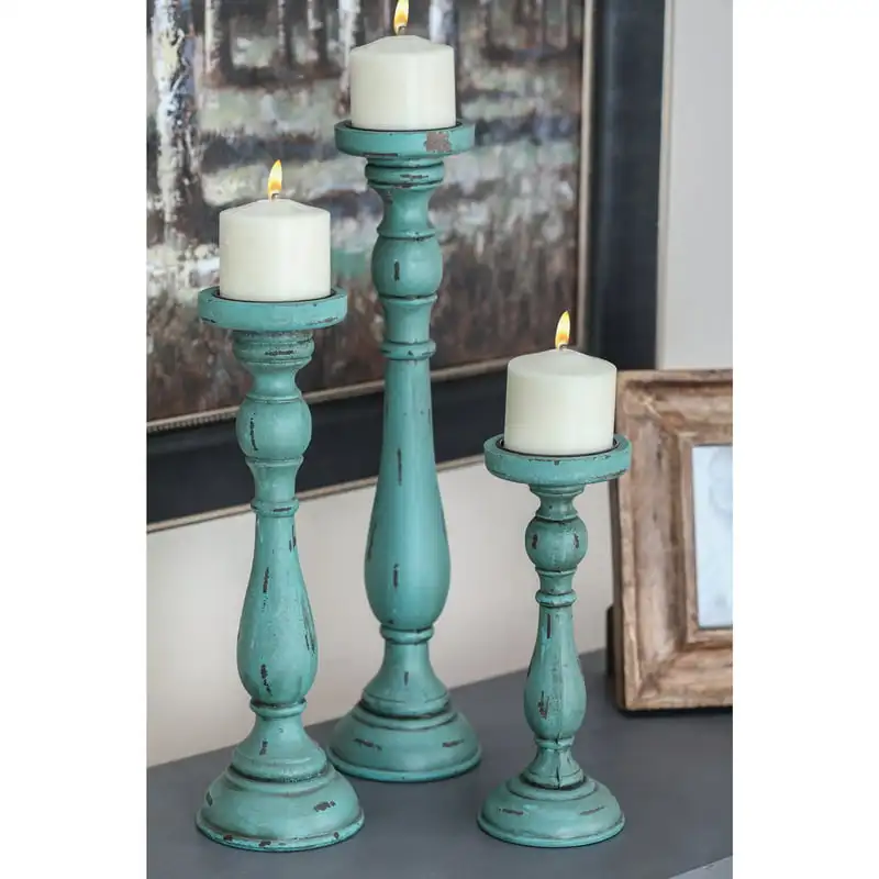 

Бесплатная доставка, традиционные деревянные синие подсвечники в форме столба, набор из 3, 19, 15, 11 дюймов с круглой свечей и колокольчиком
