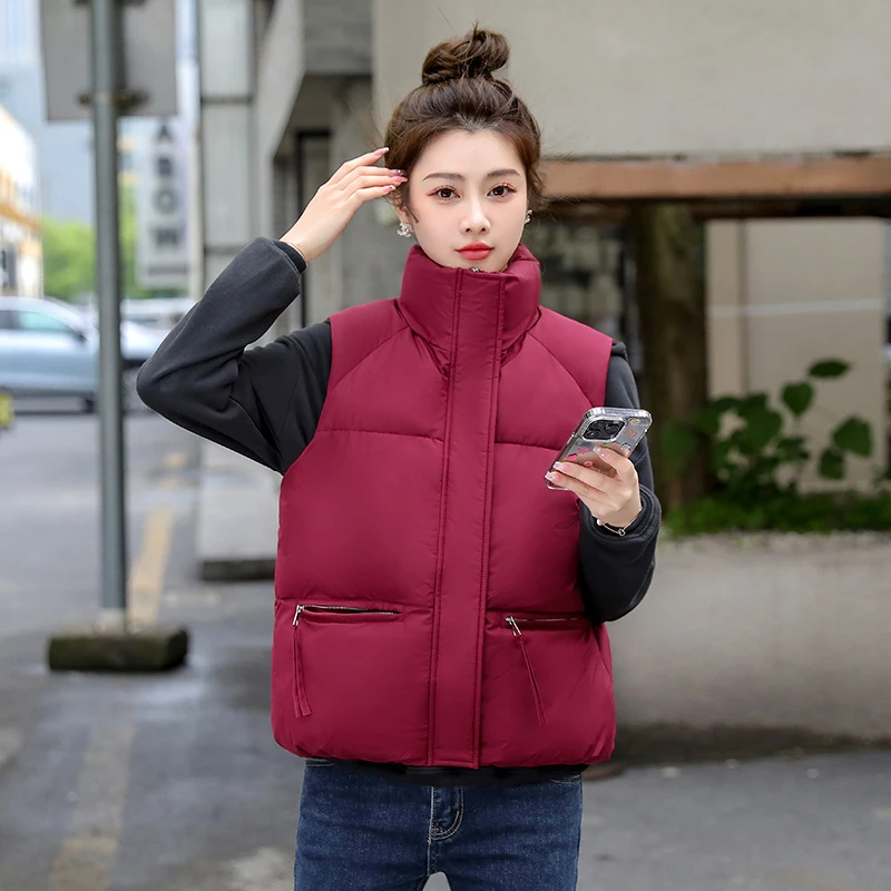 

H Women's Autumn Winter Stand Collar Solid Color Sleeveless Chic Coat For Ladies Zipper Loose All Match Warm Cotton Vest