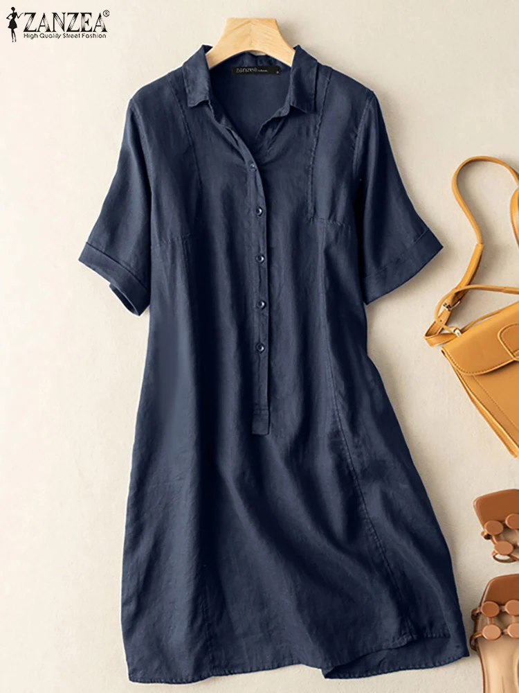 

ZANZEA Women Short Sleeve Vestidos Summer Solid Color Dress A-line Knee Length Dresses Elegant Casual Vintage Work OL Robe 2022