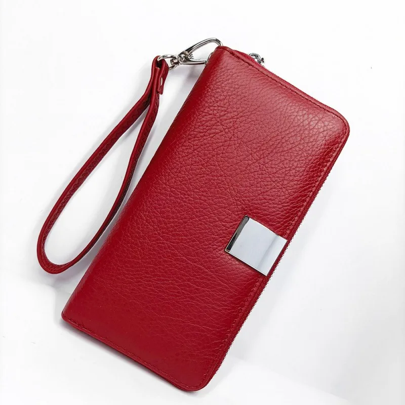 

Popular Women's Genuine Leather Wallet Top Layer Cowhide Single Zipper Wallet Litchi Pattern Classic Phone Bag Wristband Bag