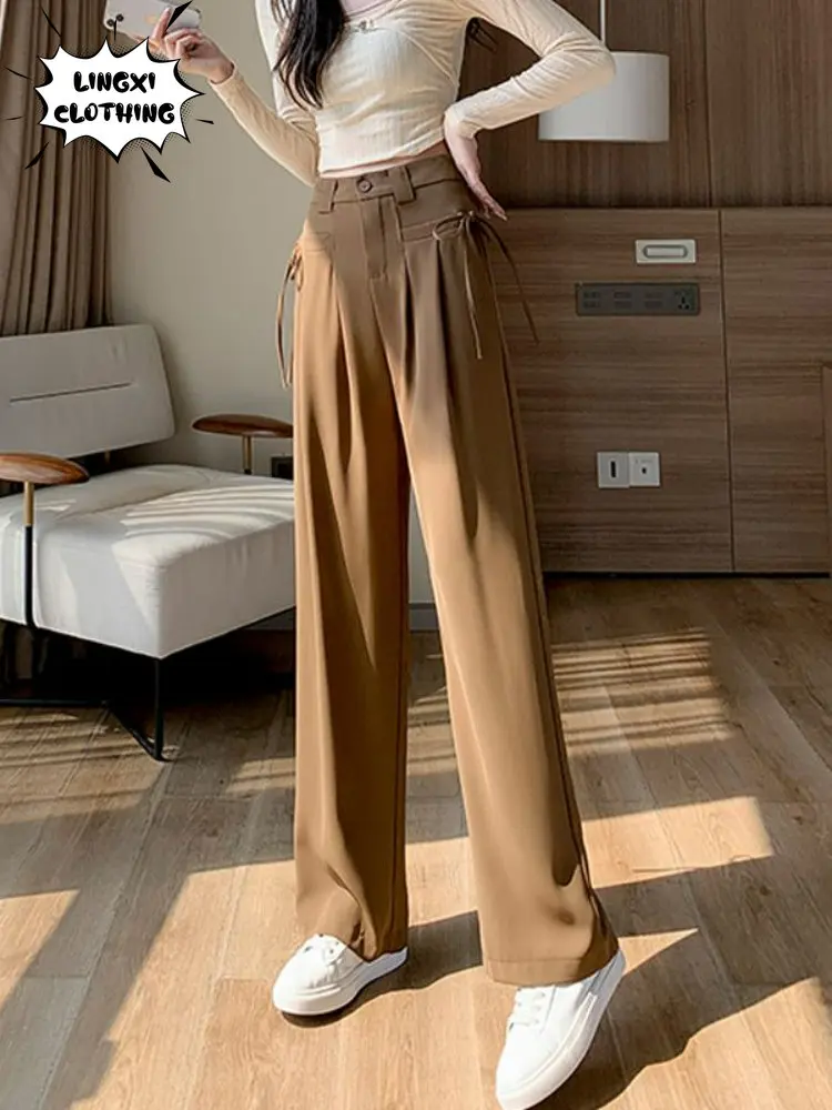 High Waisted Lace Up Suit Wide Leg Pants for Women In 2023 Summer Black Classic Casual Loose Fitting Straight Leg Mop Pants