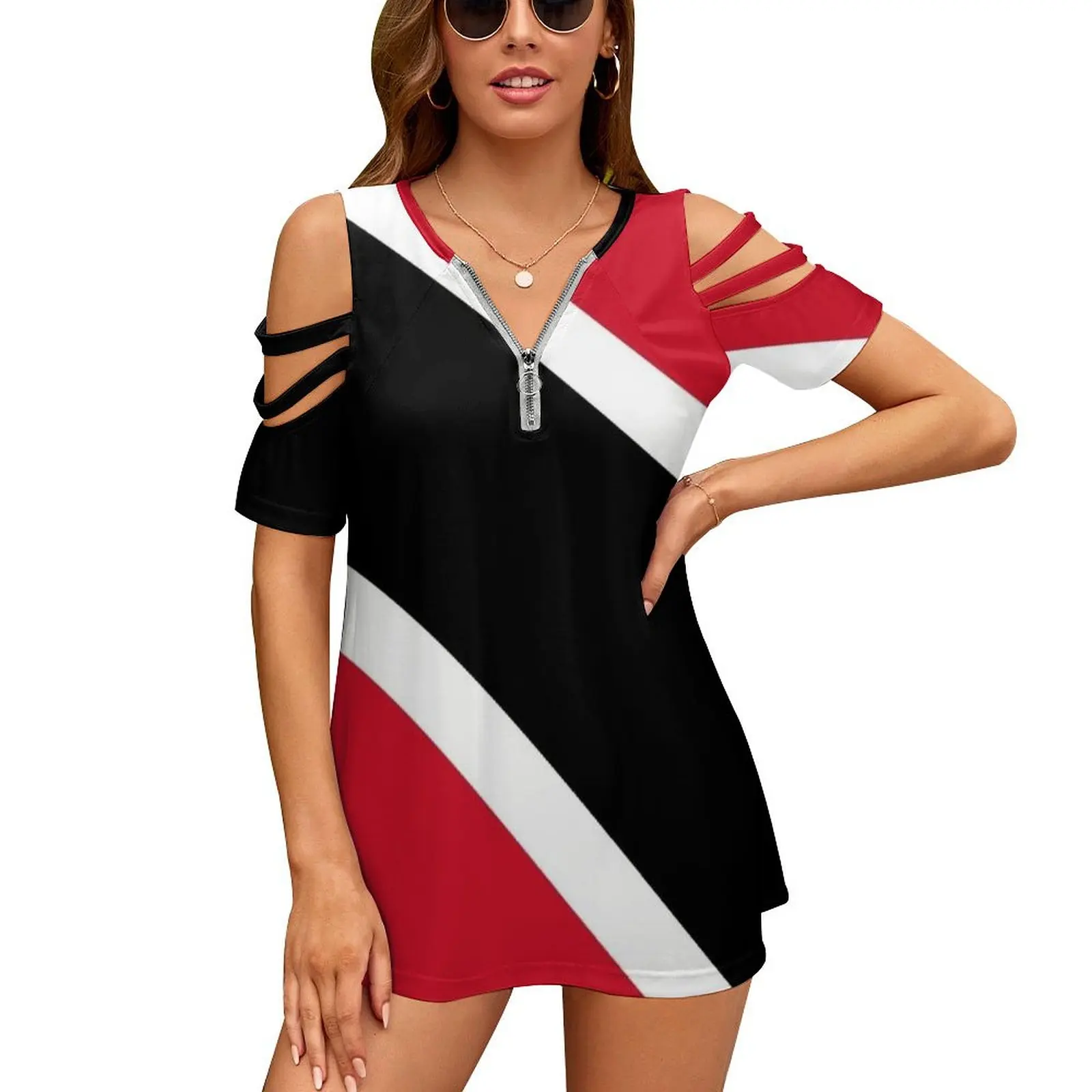 Trinidad And Tobago Flag Women'S T-Shirt Summer Fashion Print Floral V-Neck Zipper Tshirt Hollow Pullover Ladies Top Heraldry