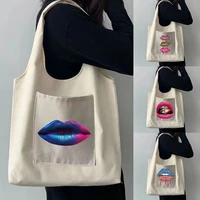 large travel shopping bag ladies fashion lip print portable messenger shoulder canvas bag pocket storage groceries can be folded