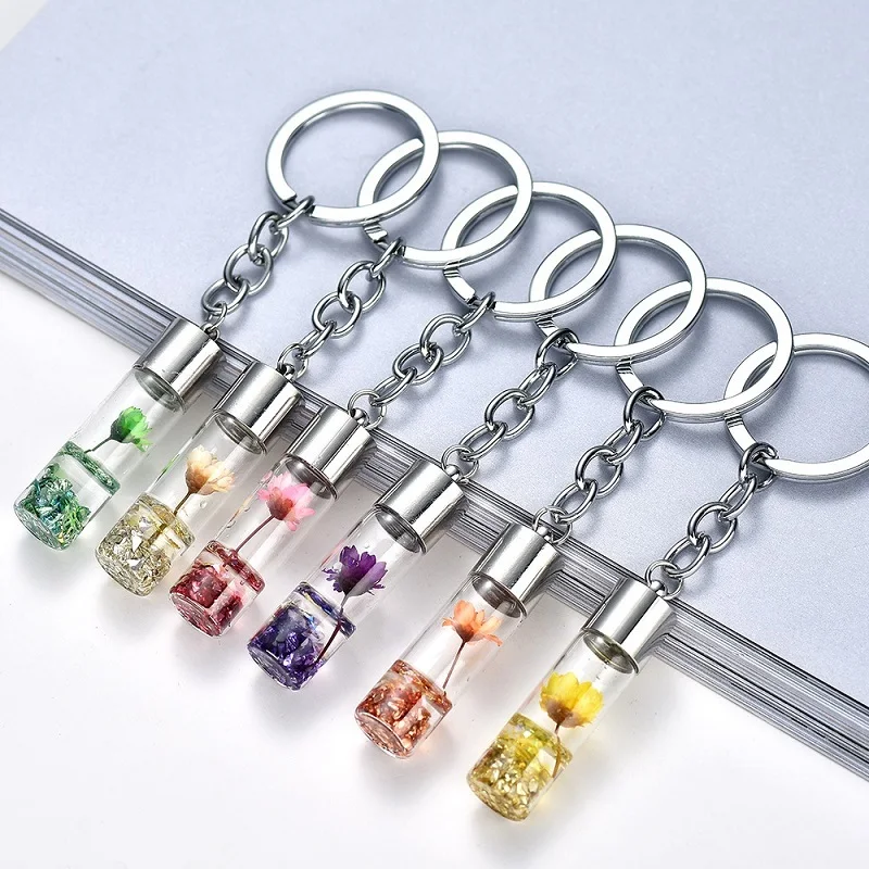

New hot selling plant dried flower glass bottle pendant key chain pendant Mori Yongsheng Flower Key Chain
