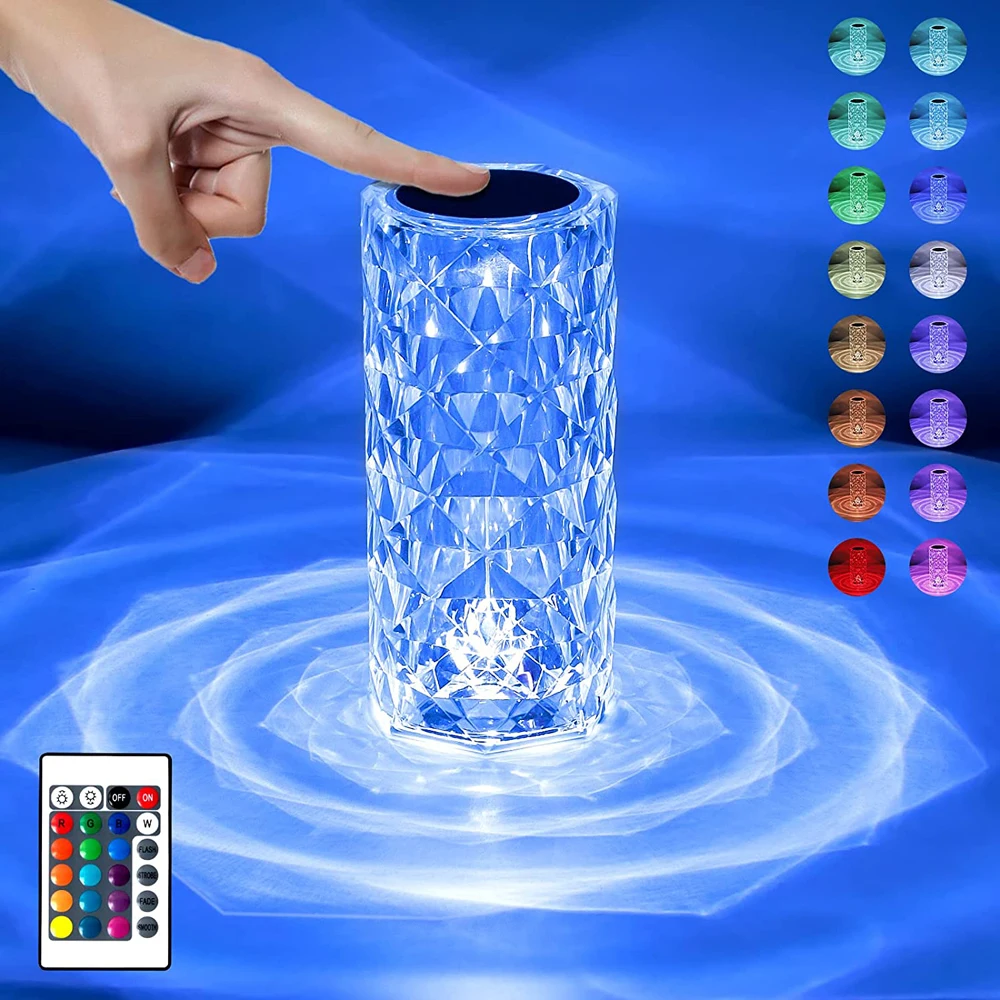 

16 Colors RGB Crystal Table Lamp Rose Light Romantic Diamond Atmosphere Light USB Touch LED Night Light for Bedroom Party Decor