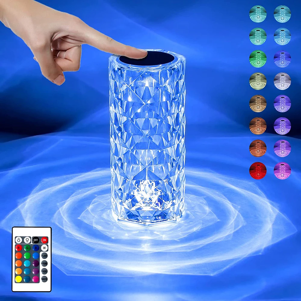 16 Colors RGB Crystal Table Lamp Rose Light Romantic Diamond Atmosphere Light USB Touch LED Night Light for Bedroom Party Decor