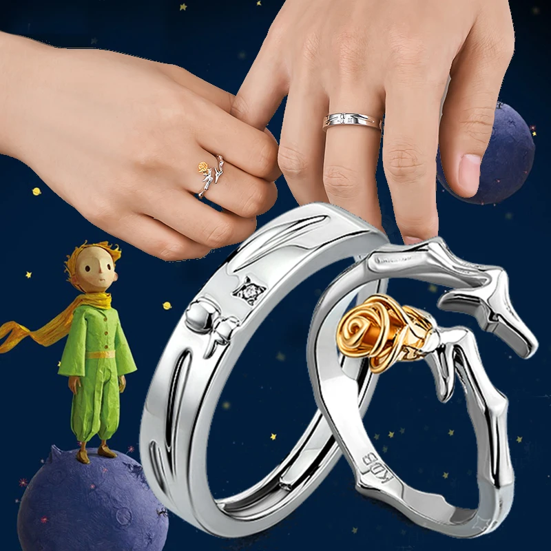

1Pcs Silver Color Little Prince/Rose Flower Couple Rings Unisex Romantic Open Adjustable Lover Ring Jewelry Valentine's Day Gift