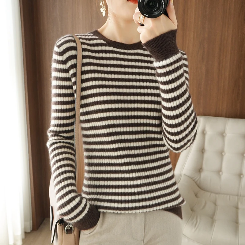 

Cashmere sweater women 2021 winter new 100% wool knitted round neck pullover Slim striped ladies blouse long sleeves