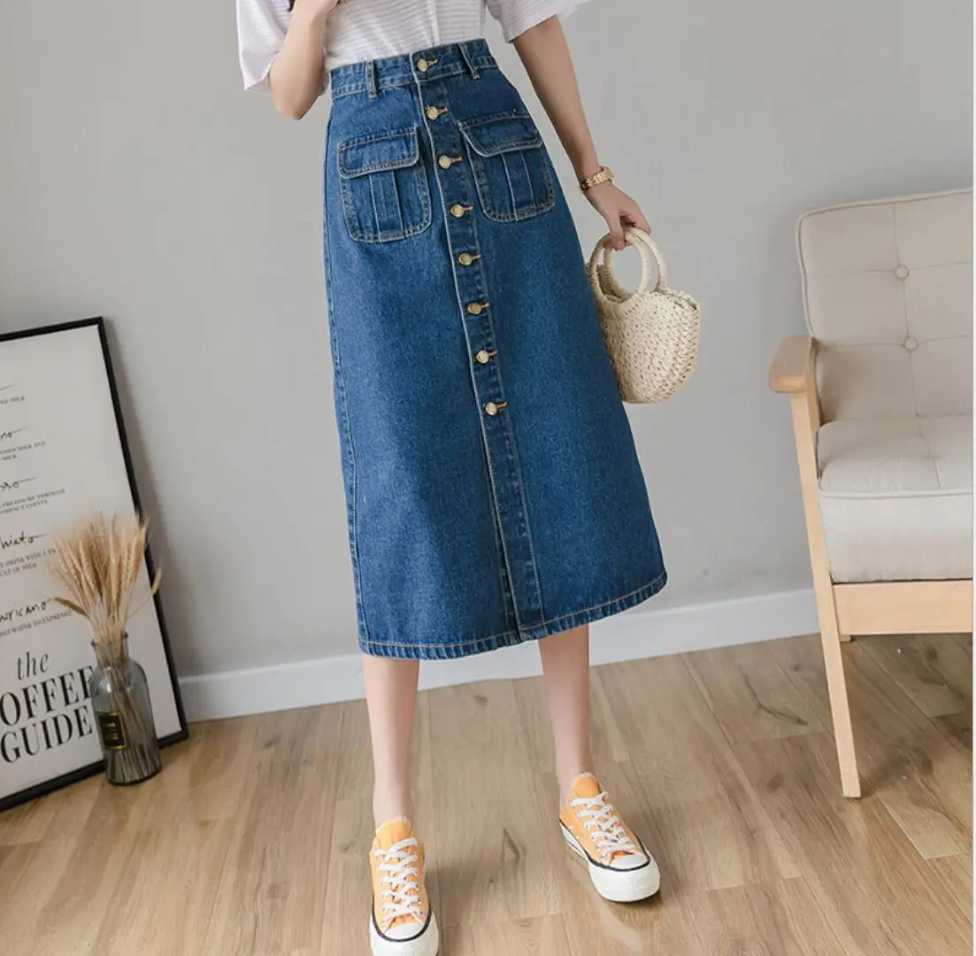 Юбка-миди женская джинсовая с застежкой спереди длинная трапециевидная