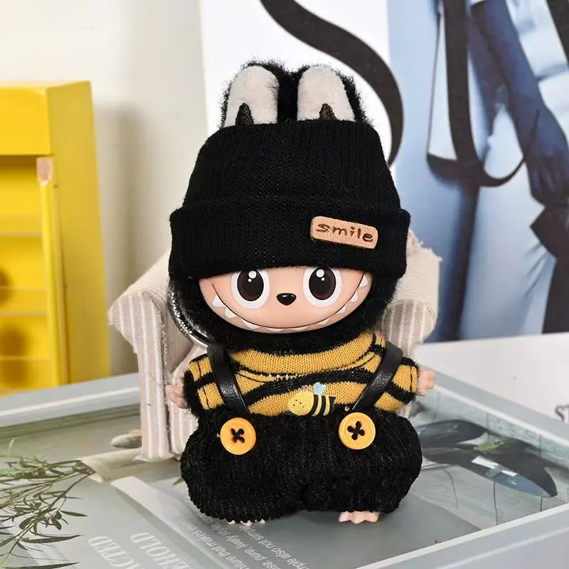 Фото Мини-набор одежды Labubu Bumblebee 4-го поколения для виниловой куклы-брелока, милый желтый, черный полосатый костюм с аксессуарами для крыльев №3