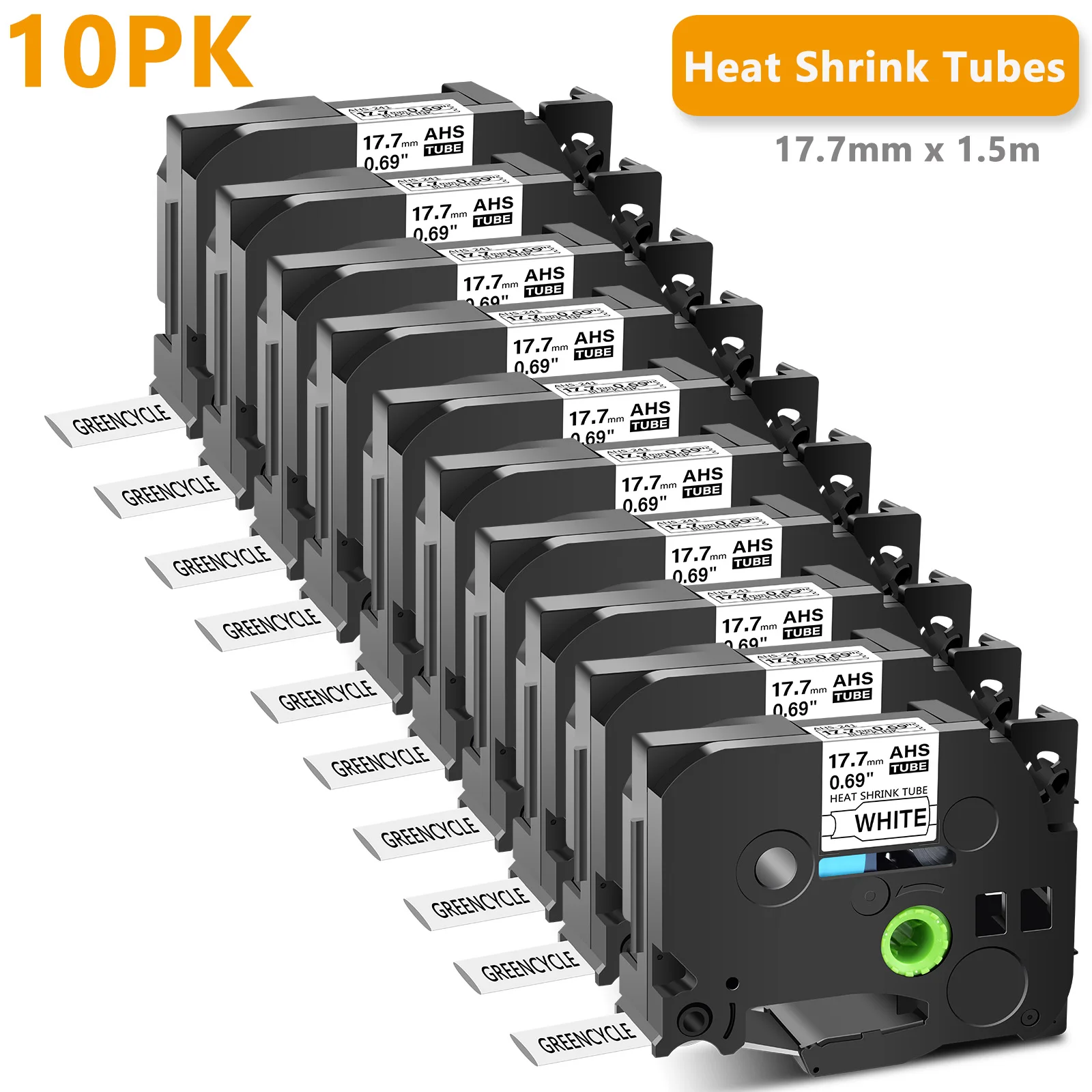 Фото 10 шт. термоусадочных трубок черного цвета на белом фоне, совместимых с Brother HSE-241, 17,7 мм, 4,92 фута, для принтера этикеток P-Touch PT-D450. №1