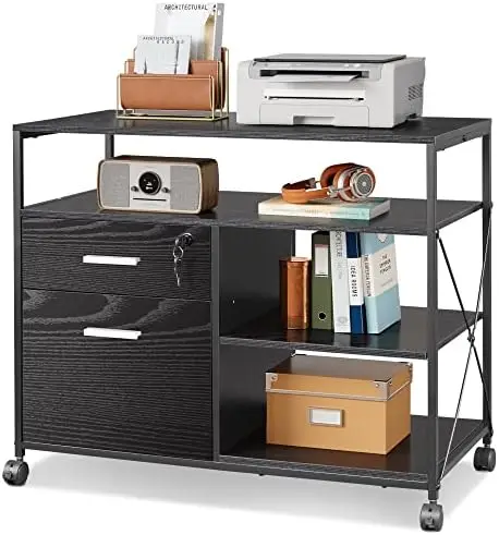 

Drawer Lateral File Cabinet with Lock, Mobile Printer Stand with Open Storage Shelf, Wood Filing Cabinet fits A4 Letter Size for